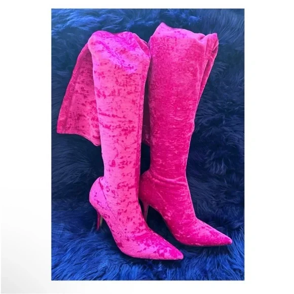 Paris Texas “Mama” Crushed Velvet Over-the-Knee Boots in Hot Pink - Picture 10 of 14
